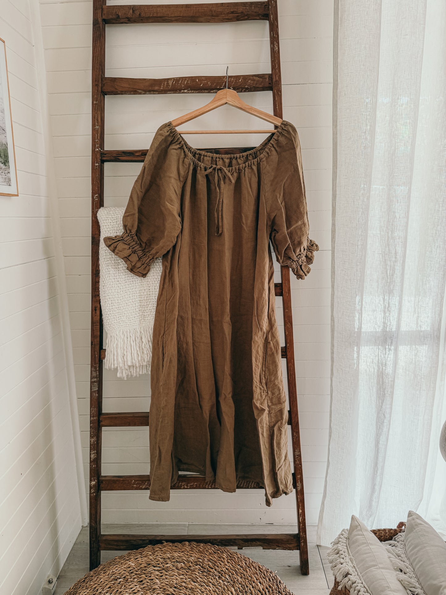 Ophelia Linen Midi Dress ~ NUTBROWN