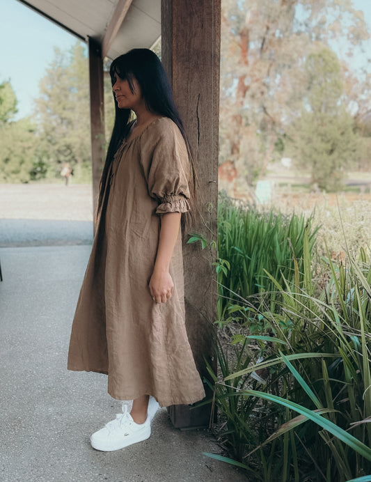 Ophelia Linen Midi Dress ~ NUTBROWN