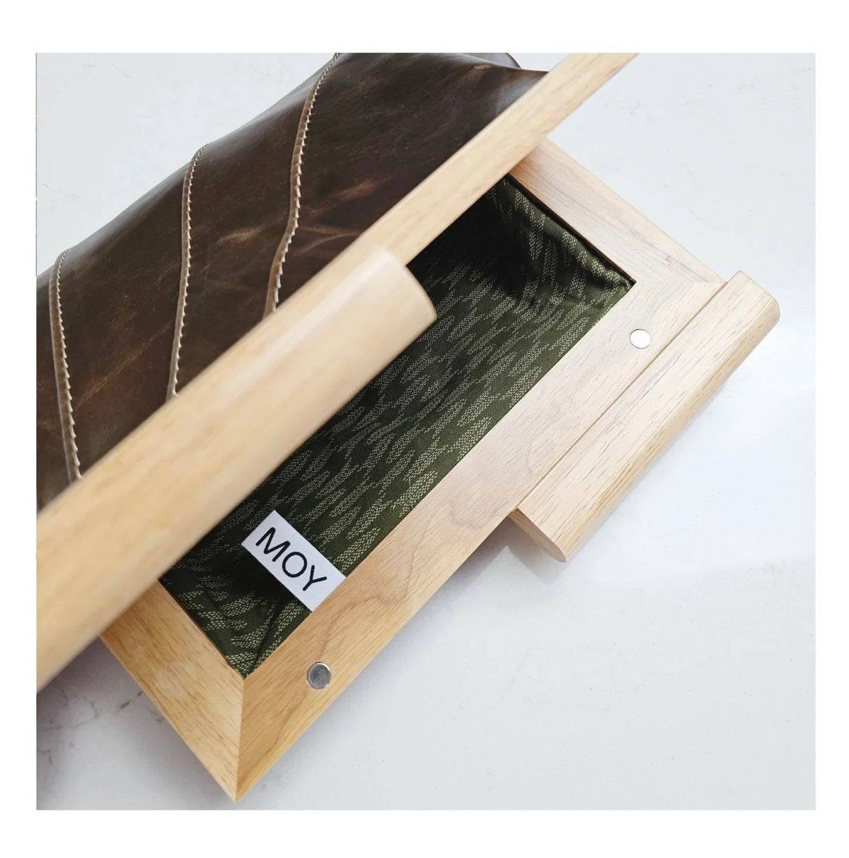 Chocolate Leather & Timber Clutch