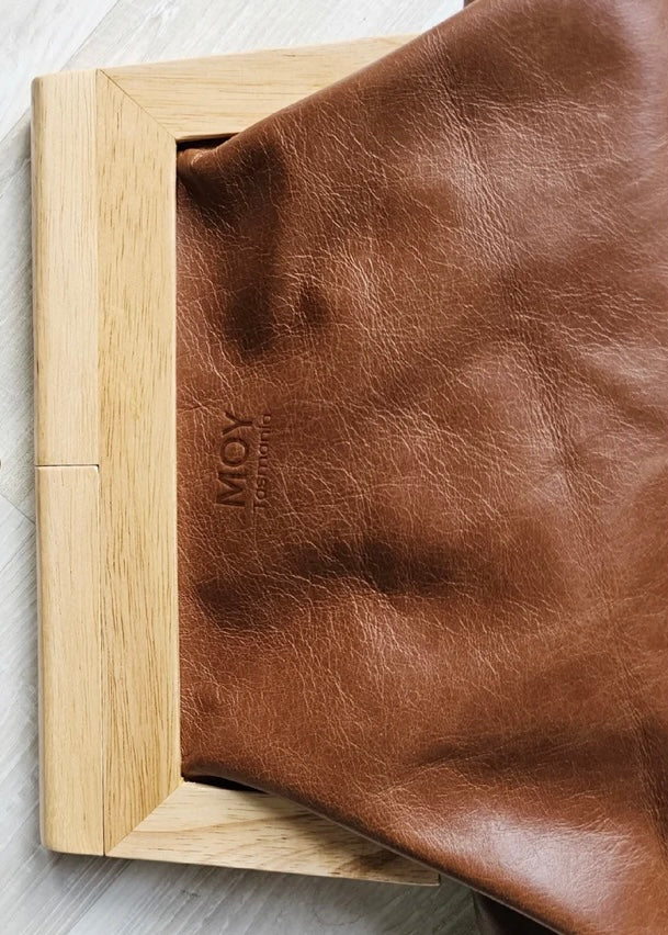 Cognac Leather & Timber Clutch