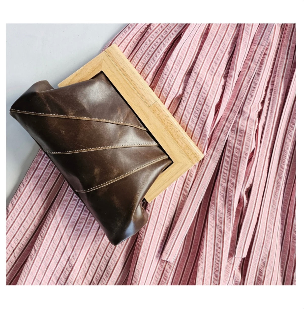 Chocolate Leather & Timber Clutch