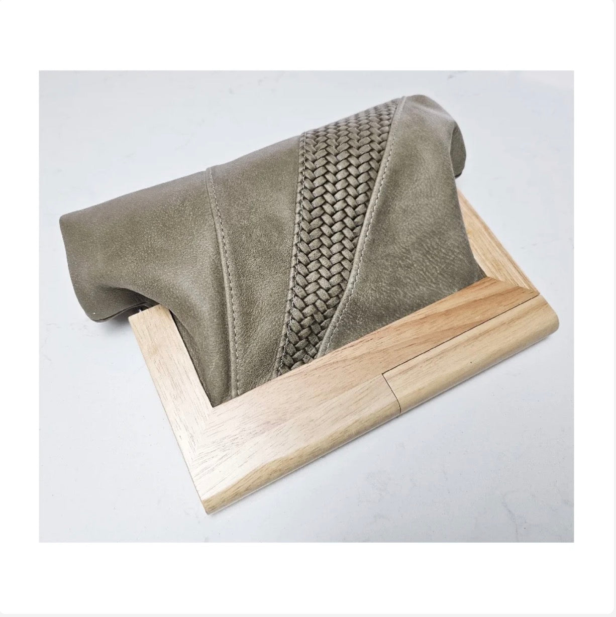 Olive Leather & Timber Clutch