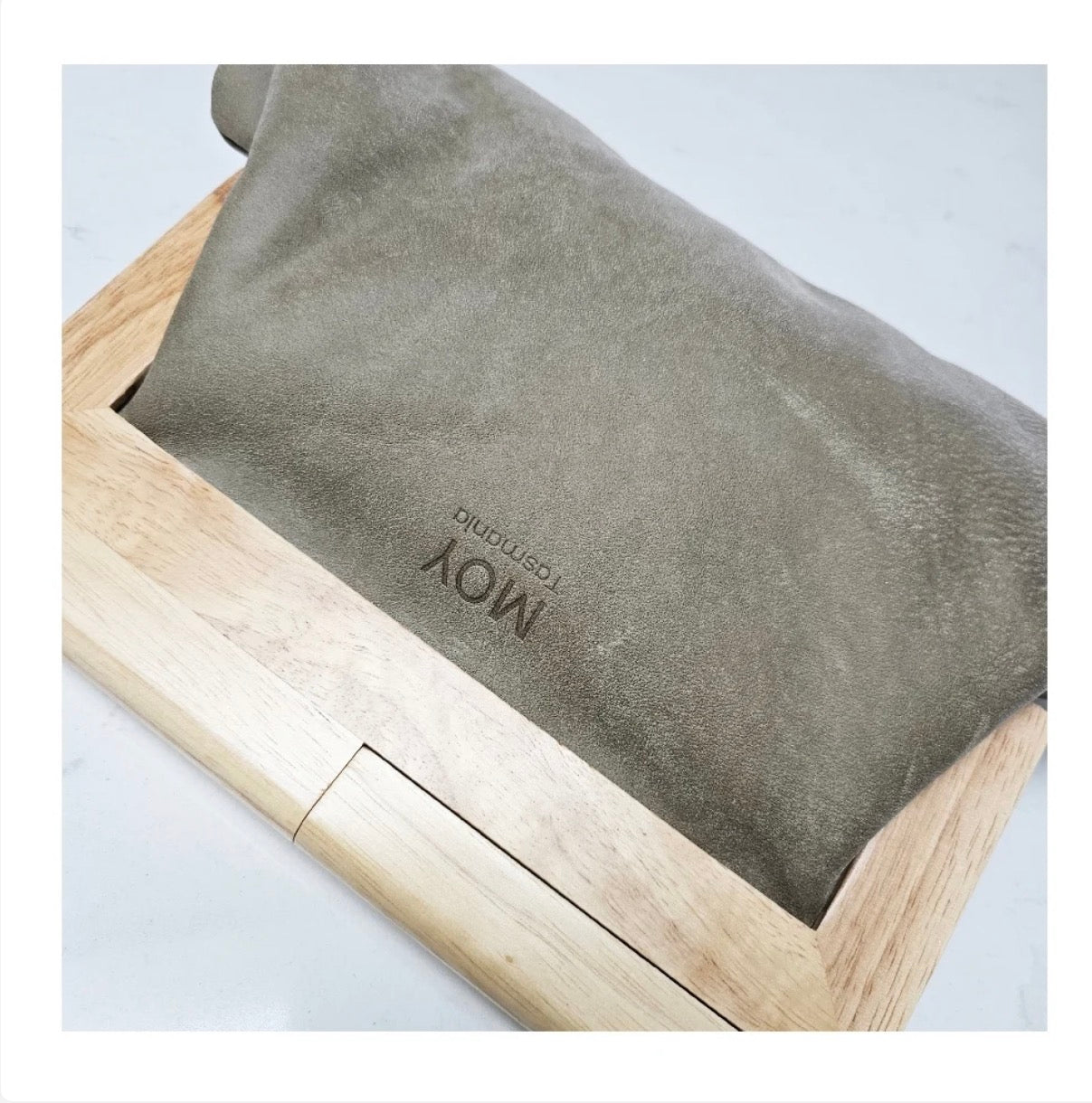 Olive Leather & Timber Clutch