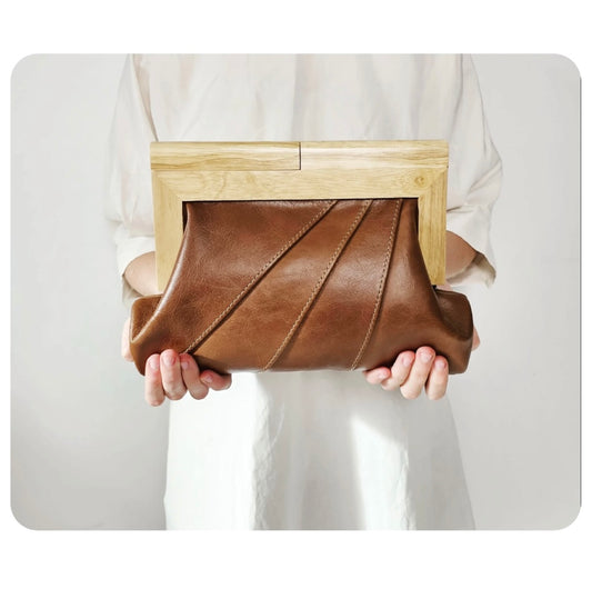 Cognac Leather & Timber Clutch